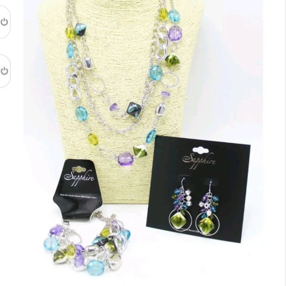 New 3 strand silver & multi color matching necklace, bracelet & earrings